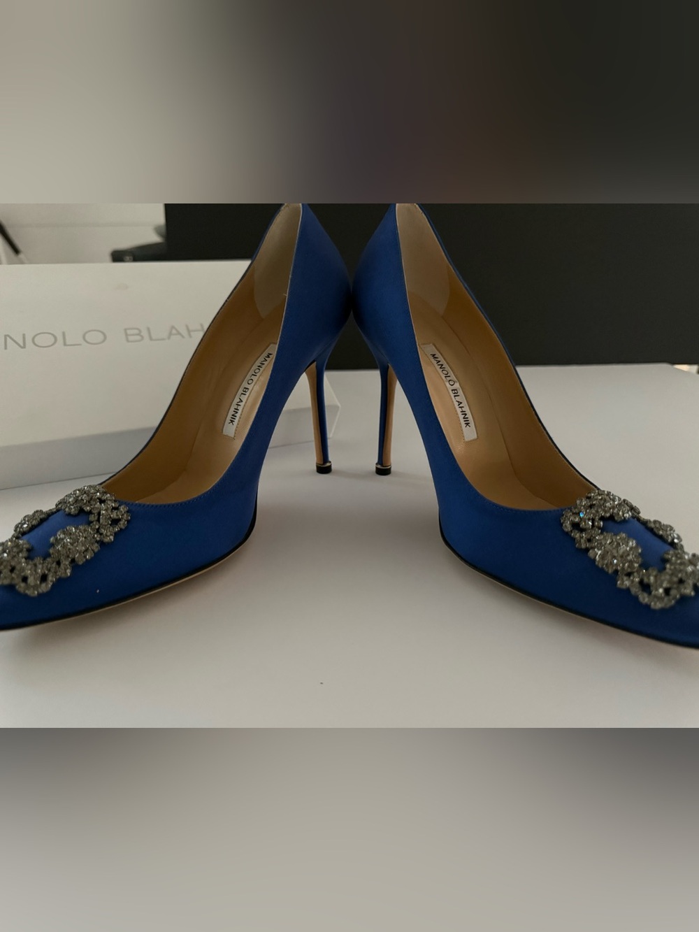Manolo Blahnik Royal Blue Satin Crystal-Buckle Pointed Pumps